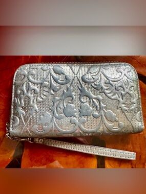 Patricia Nash Folklore gunmetal metallic zip-around Embossed
Wristlet Wallet